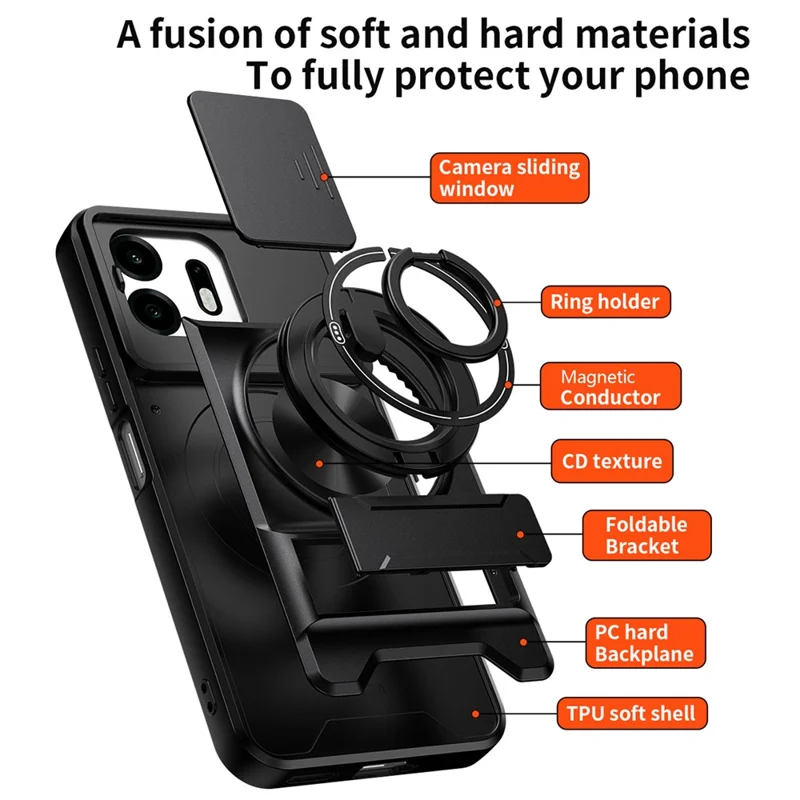 For OnePlus N6 4G Magnetic Case Ring Holder Foldable Kickstand TPU PC Phone Cover with Camera Lens Slider - Black