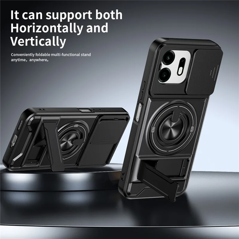 For OnePlus N6 4G Magnetic Case Ring Holder Foldable Kickstand TPU PC Phone Cover with Camera Lens Slider - Black
