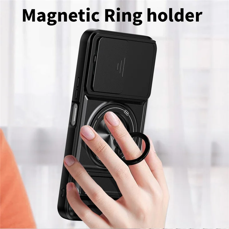 For OnePlus N6 4G Magnetic Case Ring Holder Foldable Kickstand TPU PC Phone Cover with Camera Lens Slider - Black