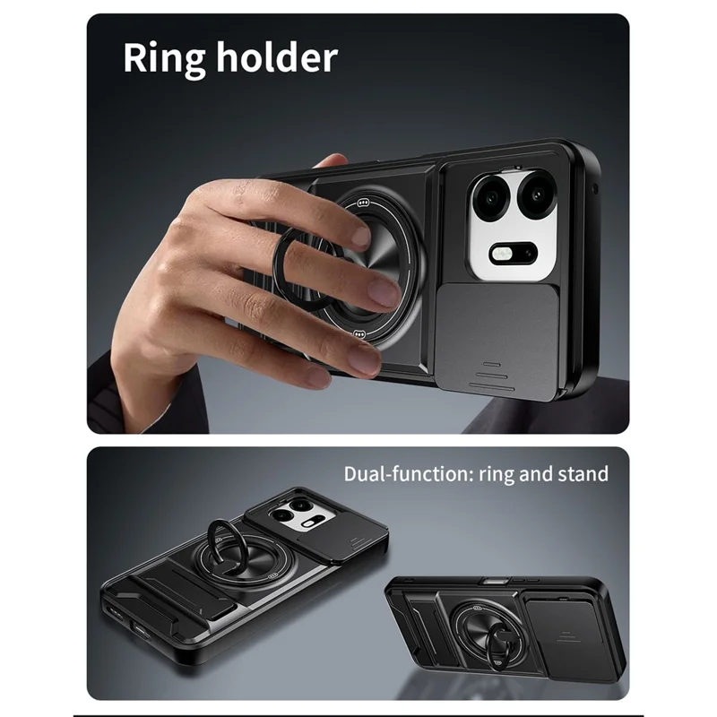 For OnePlus N6 4G Magnetic Case Ring Holder Foldable Kickstand TPU PC Phone Cover with Camera Lens Slider - Black