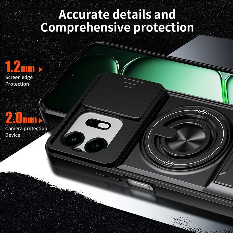 For OnePlus N6 4G Magnetic Case Ring Holder Foldable Kickstand TPU PC Phone Cover with Camera Lens Slider - Black