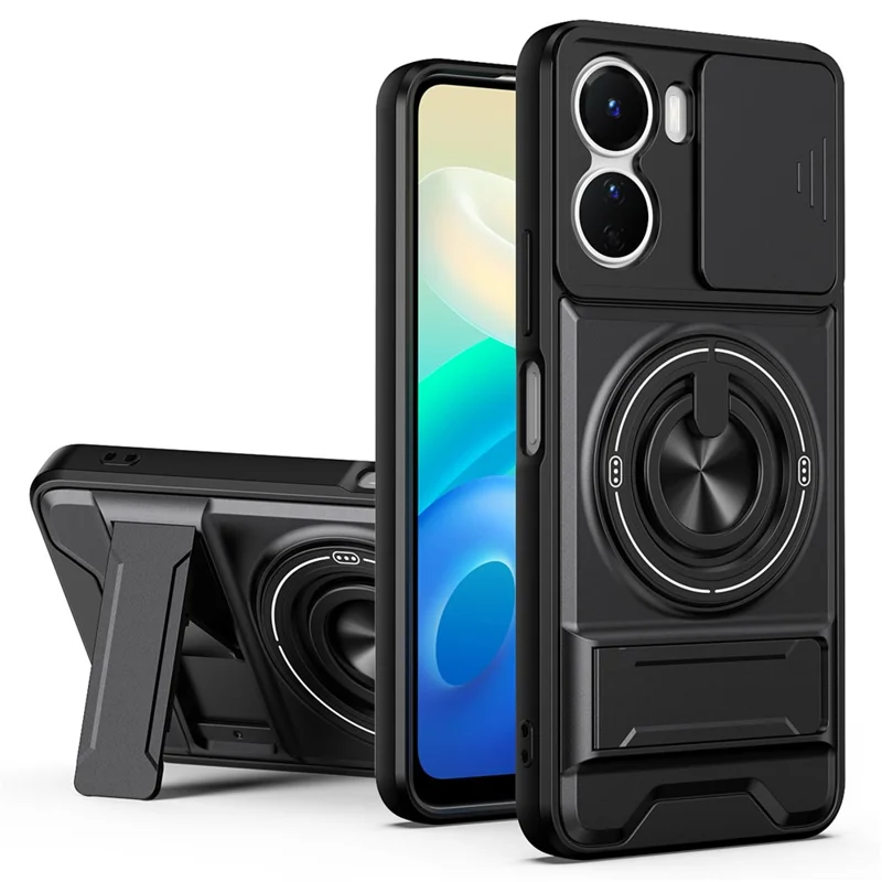 For vivo Y16 4G Magnetic Case Ring Holder Foldable Kickstand TPU PC Phone Cover with Camera Lens Slider - Black