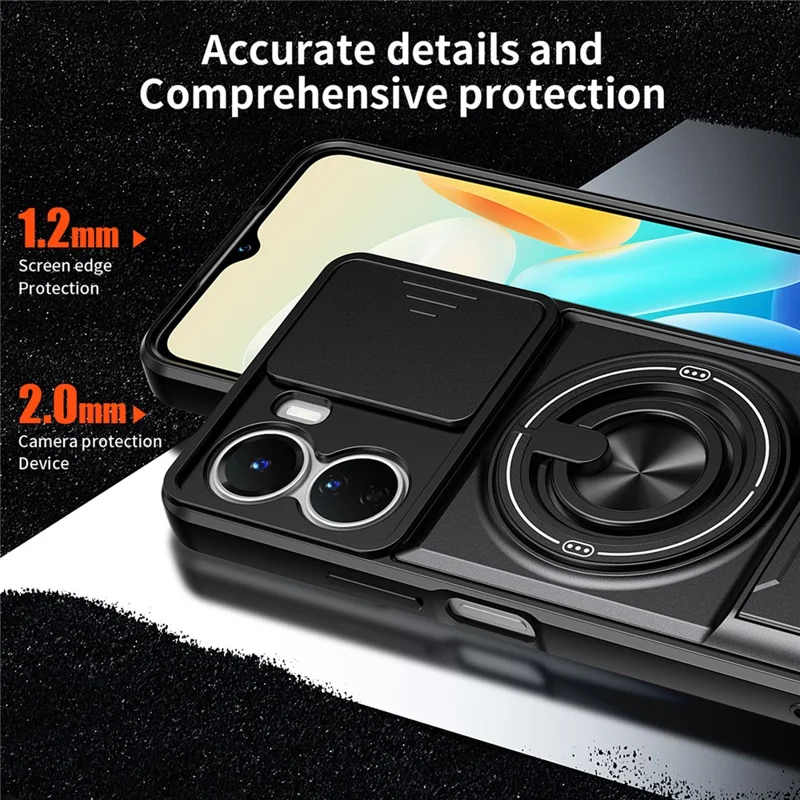 For vivo Y16 4G Magnetic Case Ring Holder Foldable Kickstand TPU PC Phone Cover with Camera Lens Slider - Black