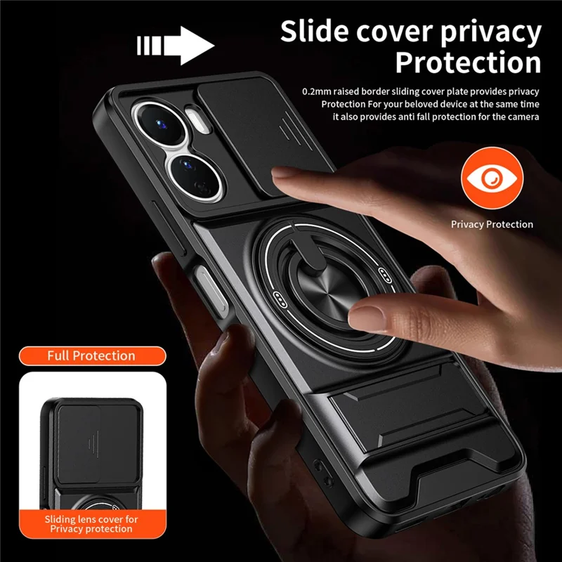 For vivo Y16 4G Magnetic Case Ring Holder Foldable Kickstand TPU PC Phone Cover with Camera Lens Slider - Black