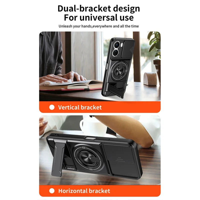 For vivo Y16 4G Magnetic Case Ring Holder Foldable Kickstand TPU PC Phone Cover with Camera Lens Slider - Black