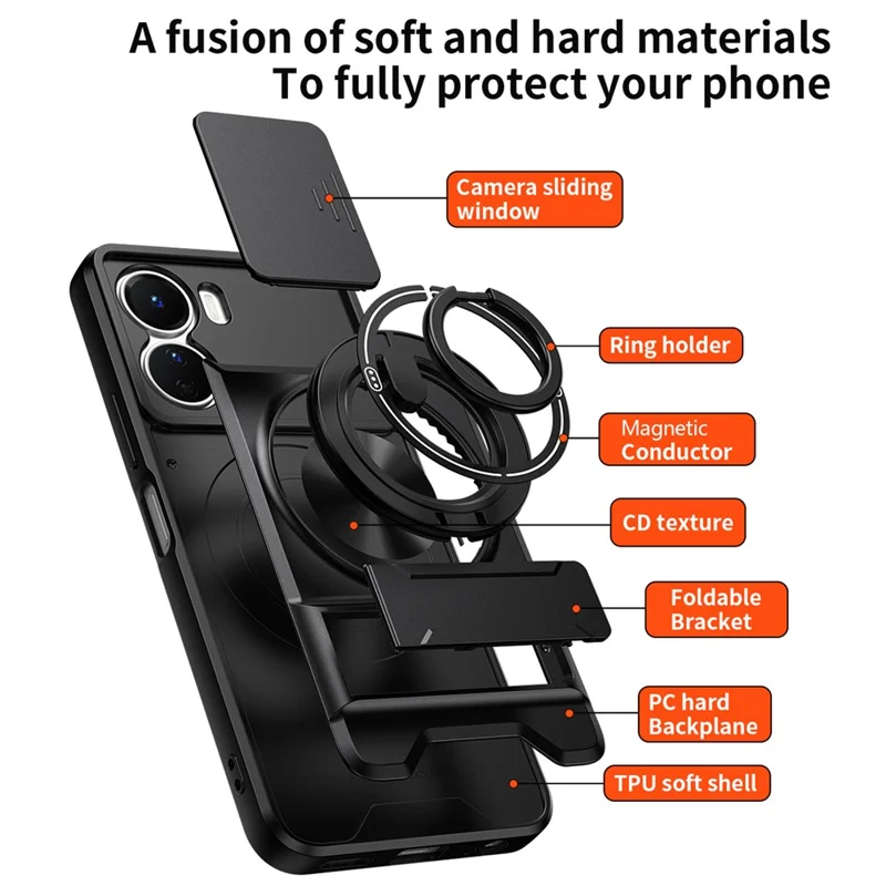 For vivo Y16 4G Magnetic Case Ring Holder Foldable Kickstand TPU PC Phone Cover with Camera Lens Slider - Black