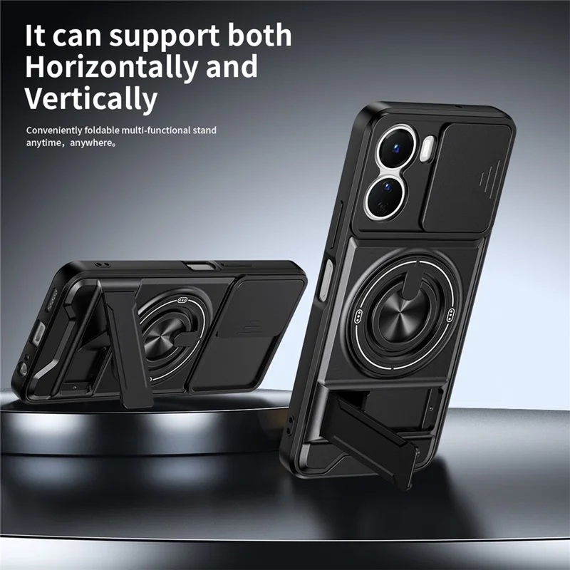 For vivo Y16 4G Magnetic Case Ring Holder Foldable Kickstand TPU PC Phone Cover with Camera Lens Slider - Black