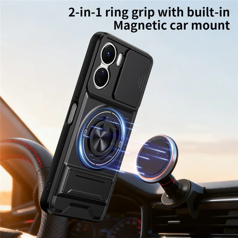 For vivo Y16 4G Magnetic Case Ring Holder Foldable Kickstand TPU PC Phone Cover with Camera Lens Slider - Black