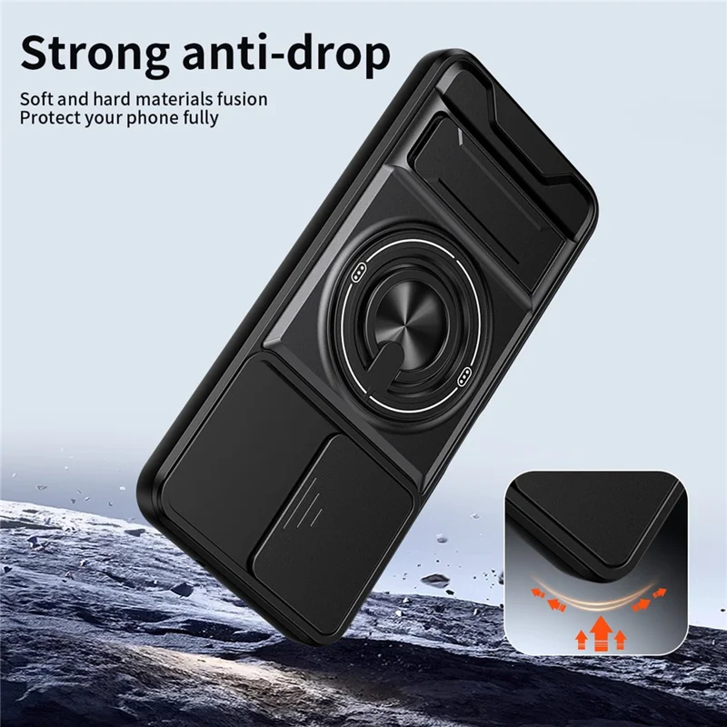 For vivo Y16 4G Magnetic Case Ring Holder Foldable Kickstand TPU PC Phone Cover with Camera Lens Slider - Black