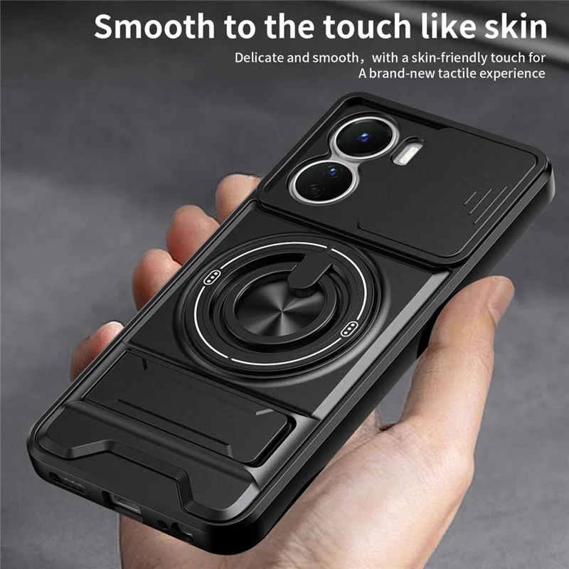 For vivo Y16 4G Magnetic Case Ring Holder Foldable Kickstand TPU PC Phone Cover with Camera Lens Slider - Black