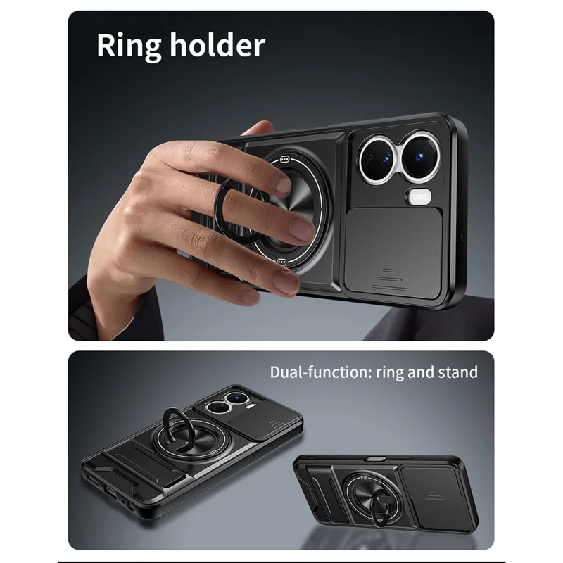 For vivo Y16 4G Magnetic Case Ring Holder Foldable Kickstand TPU PC Phone Cover with Camera Lens Slider - Black