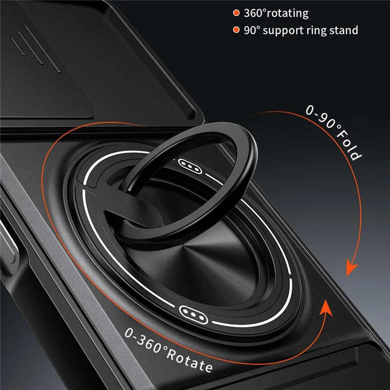 For vivo Y16 4G Magnetic Case Ring Holder Foldable Kickstand TPU PC Phone Cover with Camera Lens Slider - Black