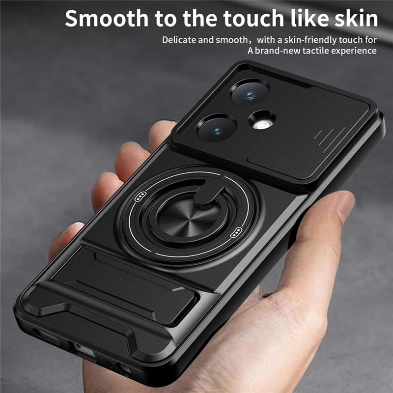 For vivo Y27 4G Magnetic Case Ring Holder Foldable Kickstand TPU PC Phone Cover with Camera Lens Slider - Black