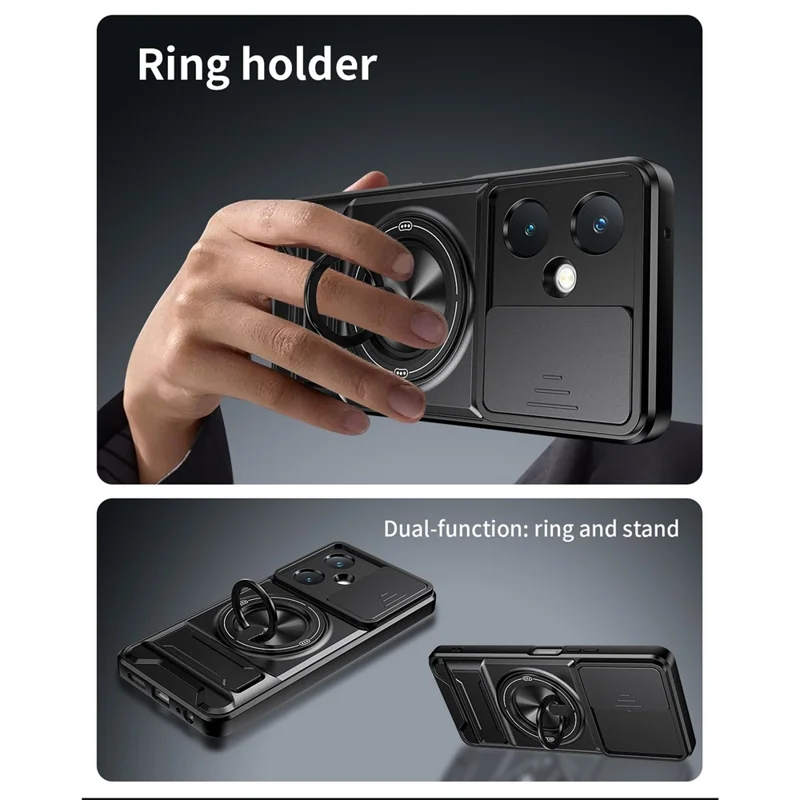 For vivo Y27 4G Magnetic Case Ring Holder Foldable Kickstand TPU PC Phone Cover with Camera Lens Slider - Black