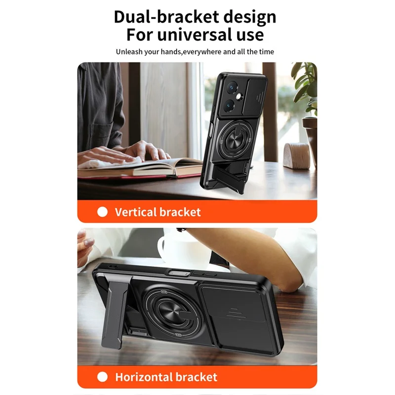 For vivo Y27 4G Magnetic Case Ring Holder Foldable Kickstand TPU PC Phone Cover with Camera Lens Slider - Black