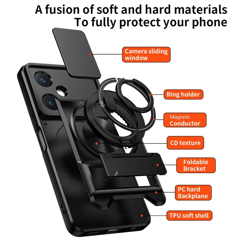For vivo Y27 4G Magnetic Case Ring Holder Foldable Kickstand TPU PC Phone Cover with Camera Lens Slider - Black