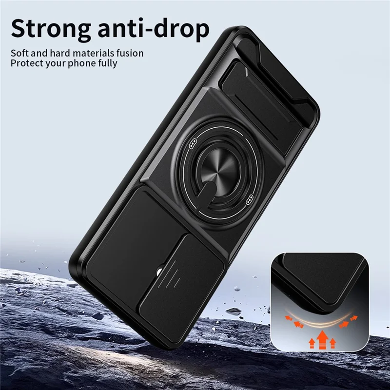 For vivo Y27 4G Magnetic Case Ring Holder Foldable Kickstand TPU PC Phone Cover with Camera Lens Slider - Black