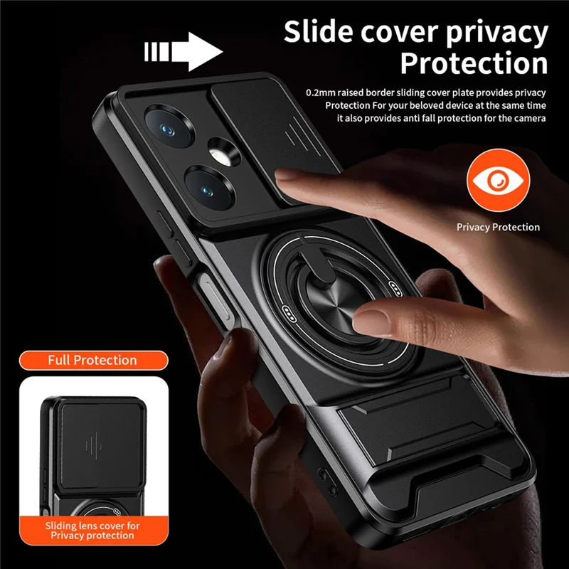 For vivo Y27 4G Magnetic Case Ring Holder Foldable Kickstand TPU PC Phone Cover with Camera Lens Slider - Black