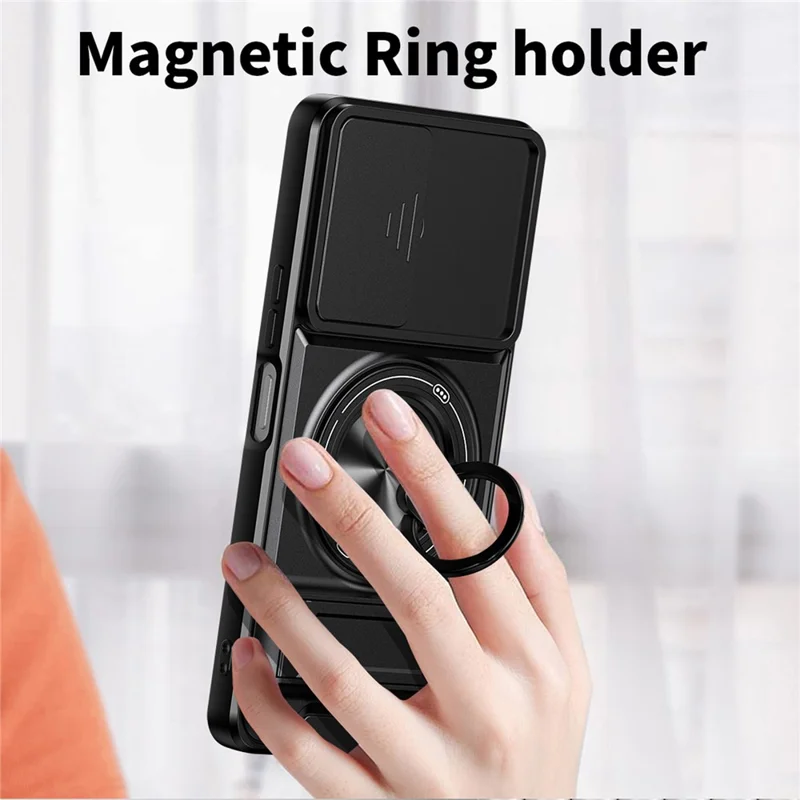 For vivo Y27 4G Magnetic Case Ring Holder Foldable Kickstand TPU PC Phone Cover with Camera Lens Slider - Black
