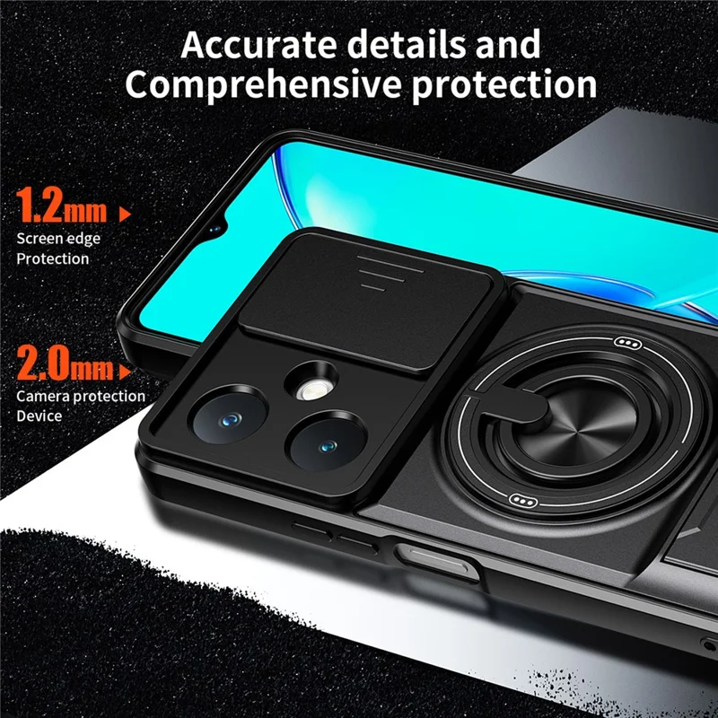 For vivo Y27 4G Magnetic Case Ring Holder Foldable Kickstand TPU PC Phone Cover with Camera Lens Slider - Black
