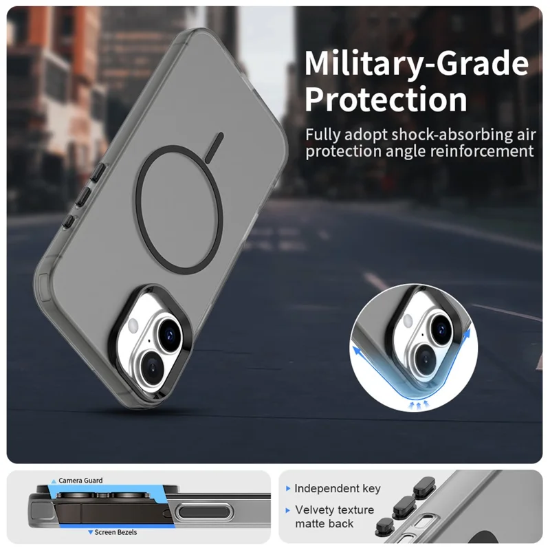 For iPhone 16 Plus Magnetic Case PC + TPU + PET Air Cushion Shockproof Phone Cover - Black