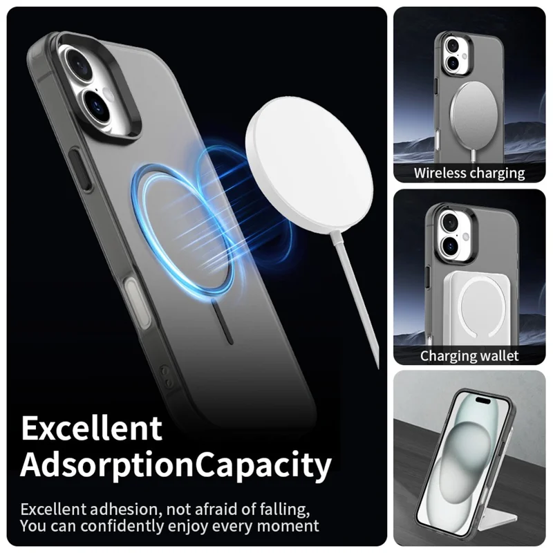 For iPhone 16 Plus Magnetic Case PC + TPU + PET Air Cushion Shockproof Phone Cover - Black