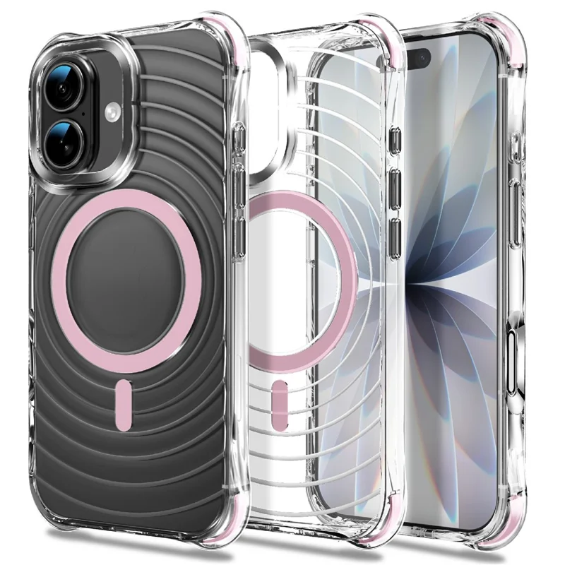 Für iPhone 16 Magnetische Hülle Luftkissen-Eckenschutz Stoßfest Wellenmuster TPU Handyhülle - Rosa