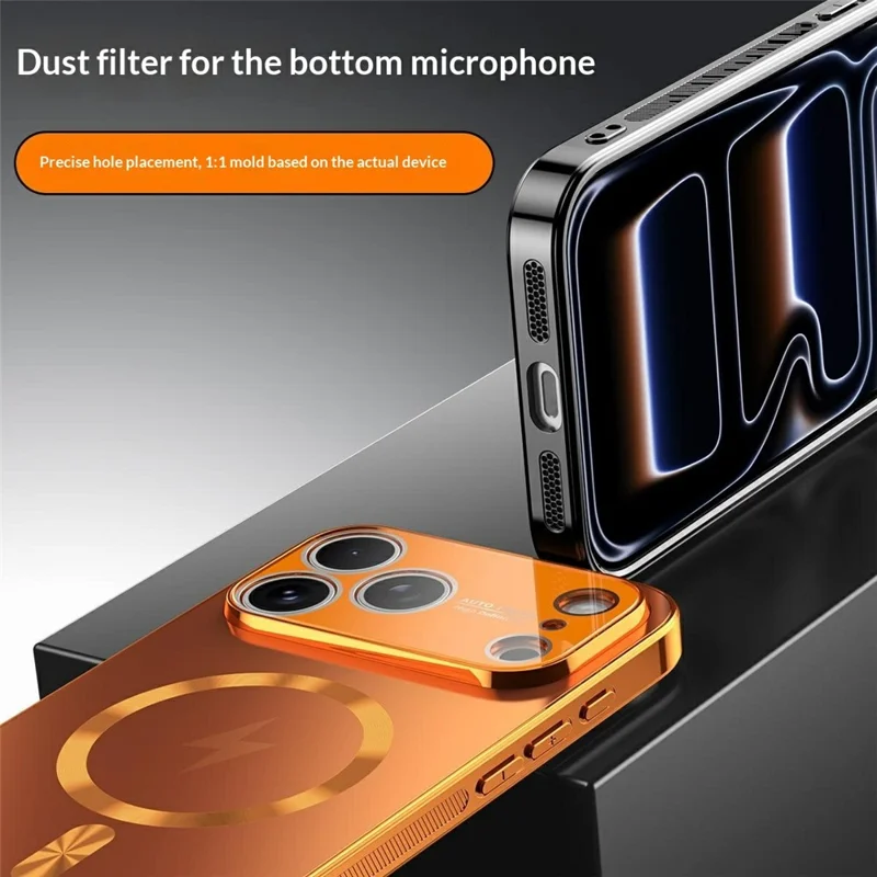 For iPhone 17 Pro Max Magnetic Case Full Lens Coverage Electroplated TPU Shockproof Phone Cover - Orange