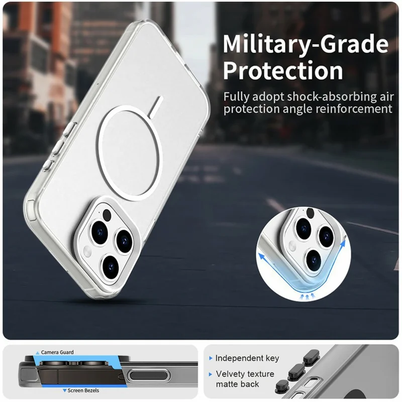 For iPhone 15 Pro Max Magnetic Case PC + TPU + PET Air Cushion Shockproof Phone Cover - White