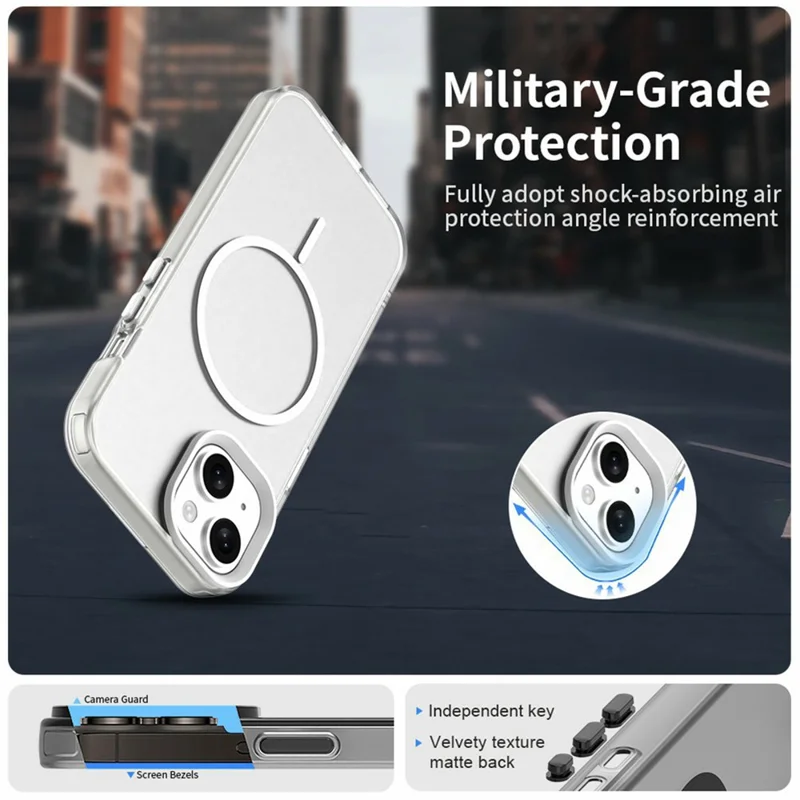 For iPhone 15 Magnetic Case PC + TPU + PET Air Cushion Shockproof Phone Cover - White