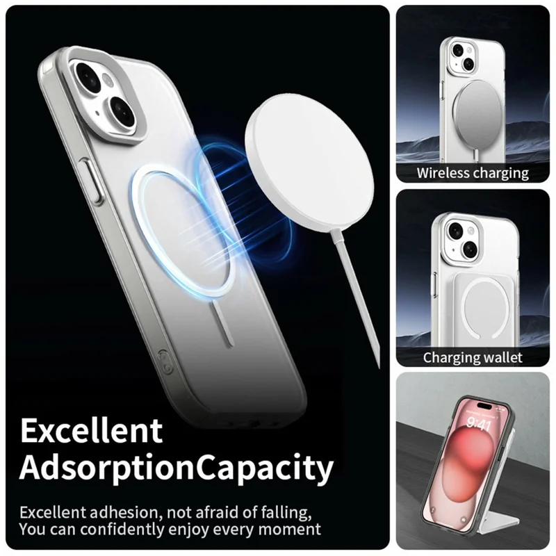 For iPhone 15 Magnetic Case PC + TPU + PET Air Cushion Shockproof Phone Cover - White