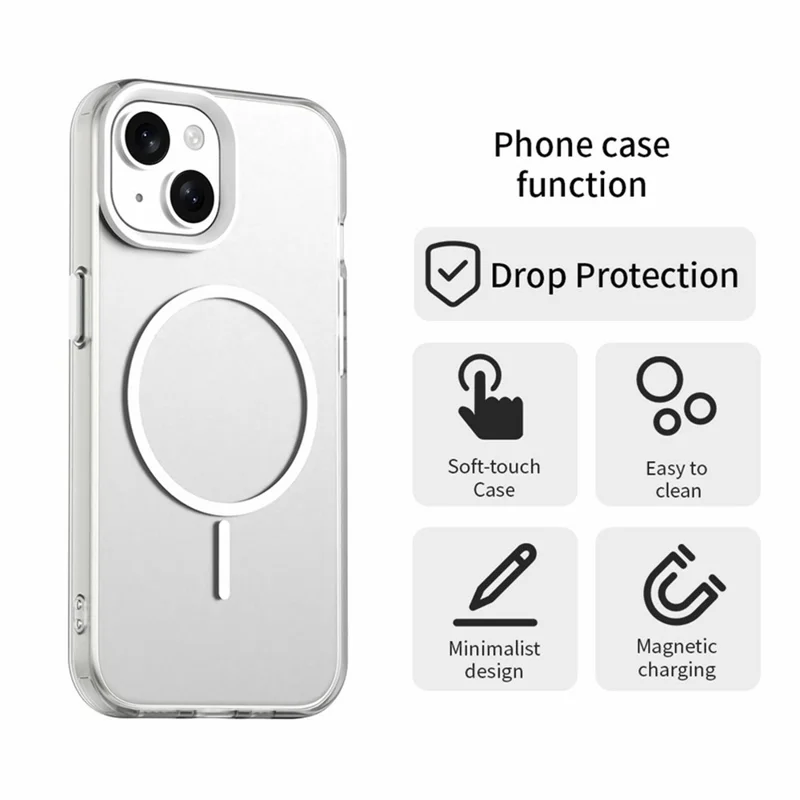 For iPhone 15 Magnetic Case PC + TPU + PET Air Cushion Shockproof Phone Cover - White