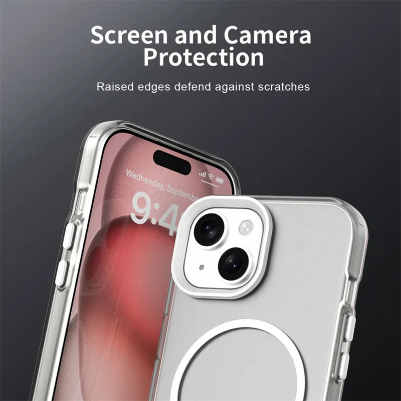 For iPhone 15 Magnetic Case PC + TPU + PET Air Cushion Shockproof Phone Cover - White