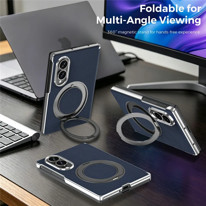 For Samsung Galaxy Z Fold8 Case Rotating Magnetic Kickstand Woven Fabric Texture Leather + PC Phone Cover - Sapphire
