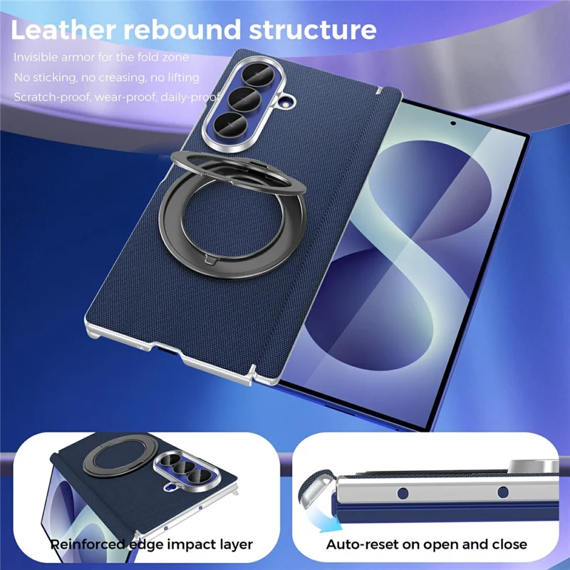 Чехол для Samsung Galaxy Z Fold8 Ultra с поворотной магнитной подставкой, текстурированный чехол из ткани и кожи + поликарбонат, синий