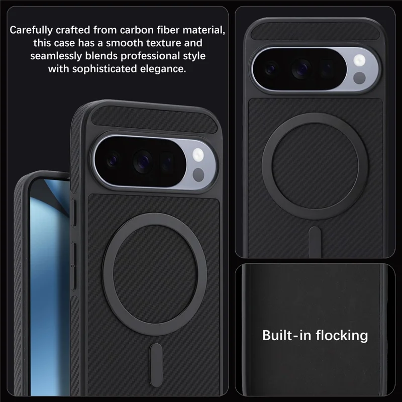 Carbon fibre texture and soft inner lining of Google Pixel magnetic case