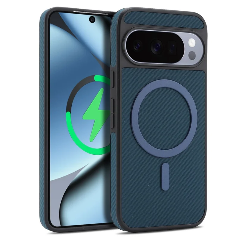 For Google Pixel 11 Pro XL Case Side-pasted Carbon Fiber Texture PU TPU Phone Cover With Metal Magnetic Ring - Blue