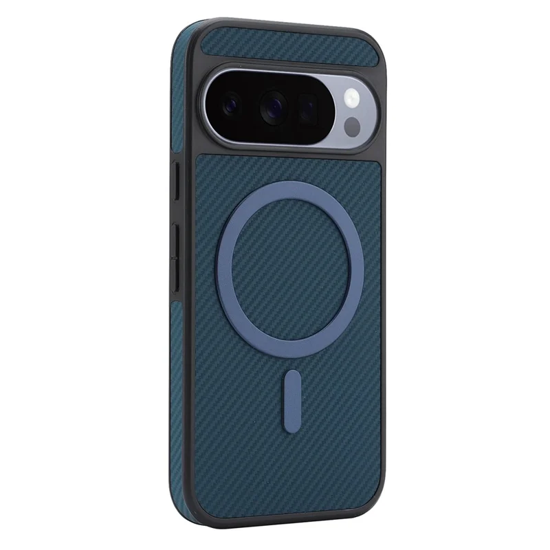 For Google Pixel 11 Pro XL Case Side-pasted Carbon Fiber Texture PU TPU Phone Cover With Metal Magnetic Ring - Blue