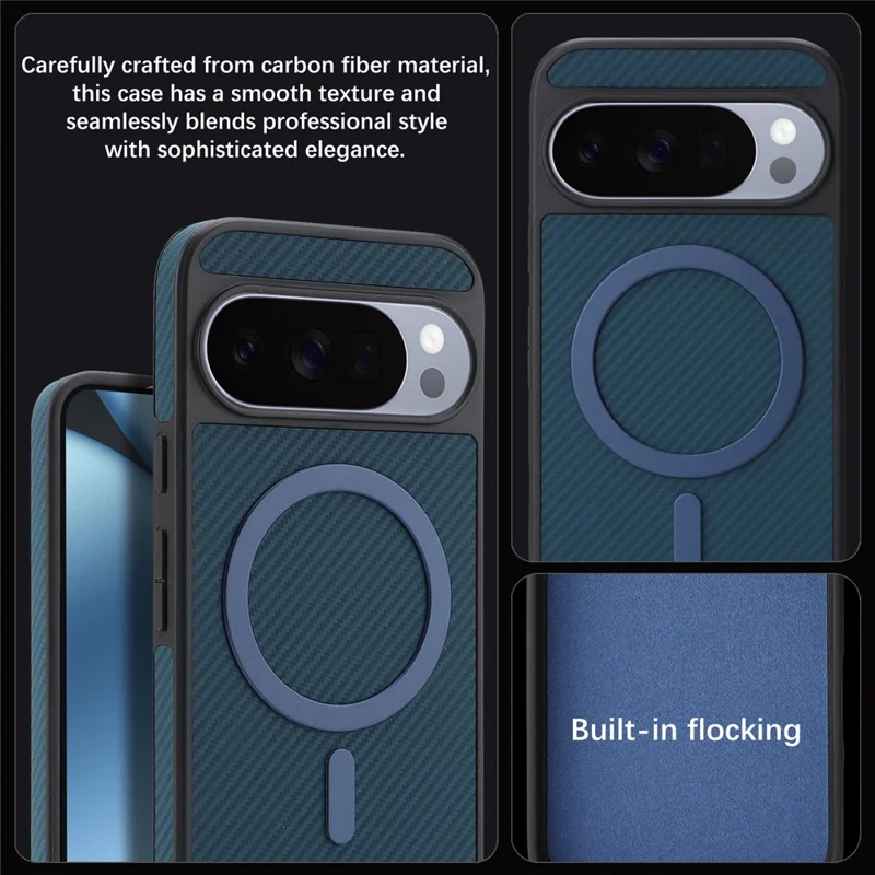 For Google Pixel 11 Pro XL Case Side-pasted Carbon Fiber Texture PU TPU Phone Cover With Metal Magnetic Ring - Blue