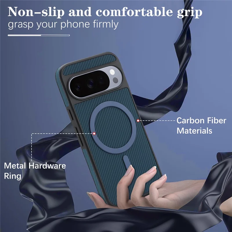 For Google Pixel 11 Pro XL Case Side-pasted Carbon Fiber Texture PU TPU Phone Cover With Metal Magnetic Ring - Blue