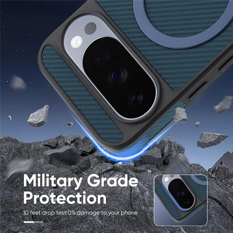 For Google Pixel 11 Pro XL Case Side-pasted Carbon Fiber Texture PU TPU Phone Cover With Metal Magnetic Ring - Blue