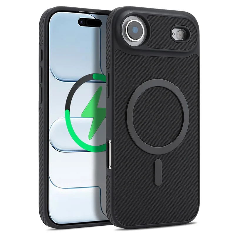 For iPhone Air Case Side-pasted Carbon Fiber Texture PU TPU Phone Cover With Metal Magnetic Ring - Black