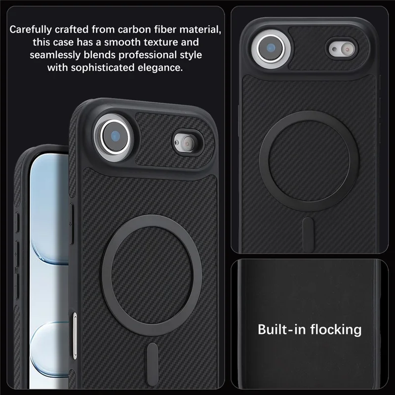 For iPhone Air Case Side-pasted Carbon Fiber Texture PU TPU Phone Cover With Metal Magnetic Ring - Black