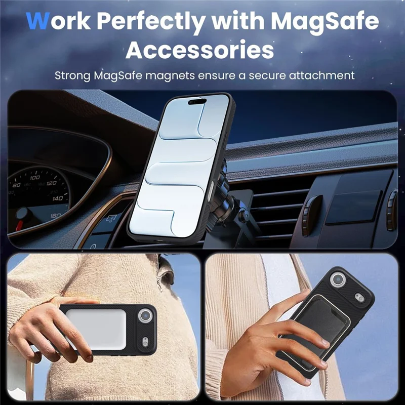 For iPhone Air Case Side-pasted Carbon Fiber Texture PU TPU Phone Cover With Metal Magnetic Ring - Black