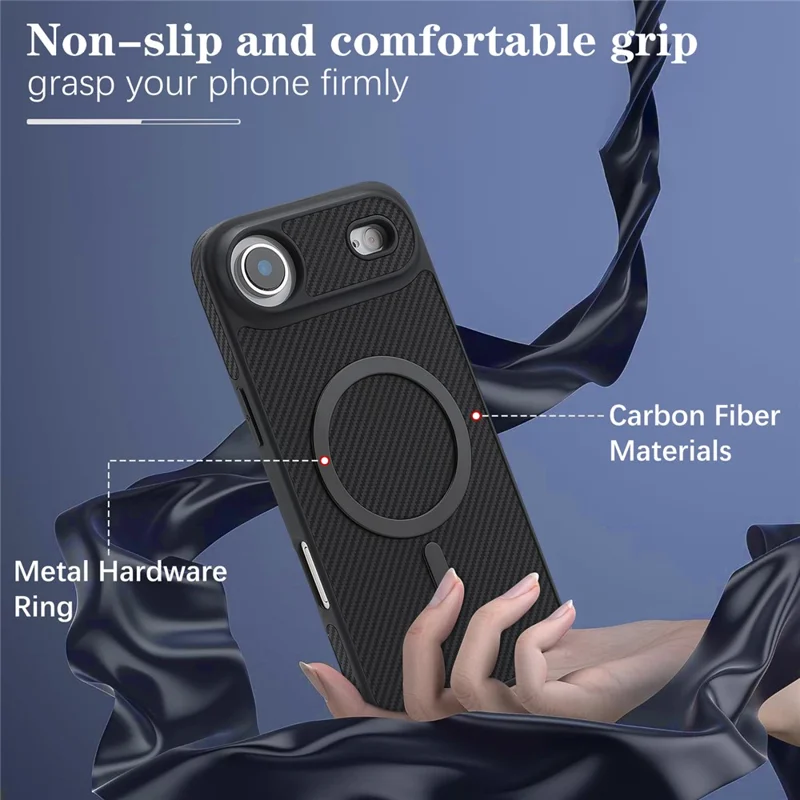 For iPhone Air Case Side-pasted Carbon Fiber Texture PU TPU Phone Cover With Metal Magnetic Ring - Black