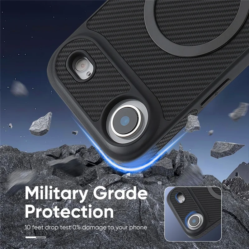 For iPhone Air Case Side-pasted Carbon Fiber Texture PU TPU Phone Cover With Metal Magnetic Ring - Black