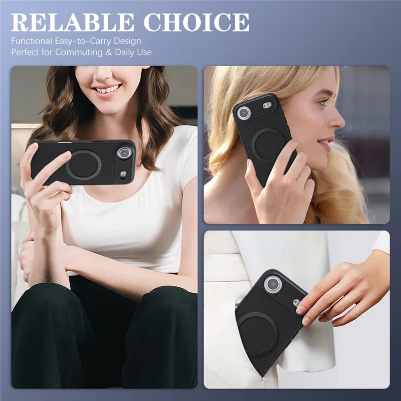 For iPhone Air Case Side-pasted Carbon Fiber Texture PU TPU Phone Cover With Metal Magnetic Ring - Black