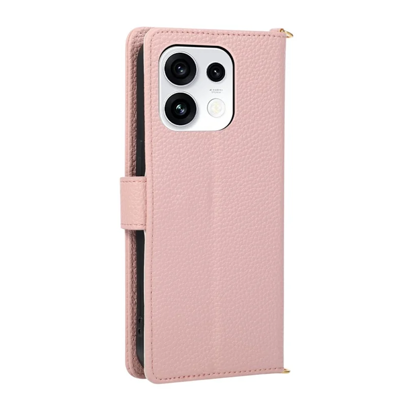 För Oppo Reno16 5G (Global) / Reno16 Pro 5G (Global) plånboksfodral med triangulär sömning, dragkedja och läderklädd vikbar hylsa med handledsband - Rosa