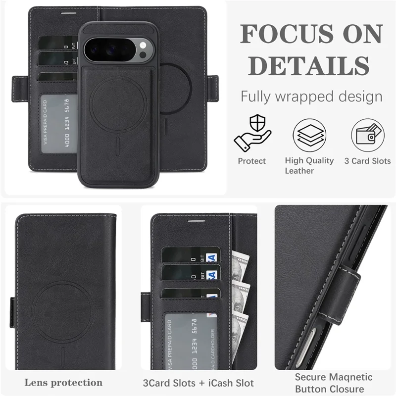 For Google Pixel 11 Pro XL Magnetic Case Detachable 2 in 1 Leather Wallet Phone Cover - Black