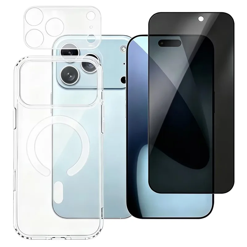 For iPhone 18 Pro Magnetic Case TPU + PC Phone Cover with 180° Anti-Spy Screen Film + Clear Lens Film - Black - 1